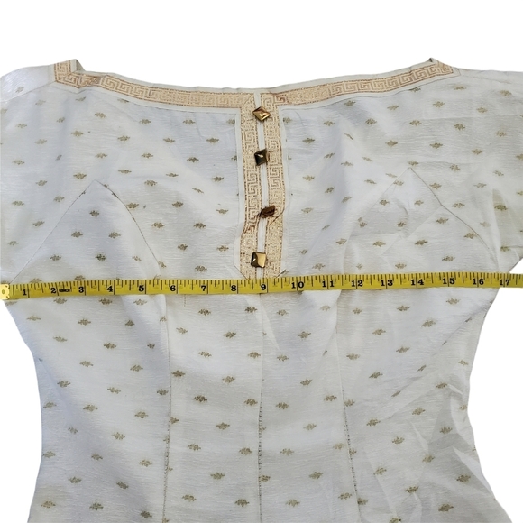 Vintage Handmade 50s Cream & Gold Greek Key Reverse Pleated Day Dress - Picture 9 of 10